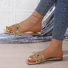 Fashion Summer Women Fashion Rhinestone Slippers Gold Silver Sequin Flat Bottom Slides Sandals Woman Square Toe Outdoor Beach Flip Flops