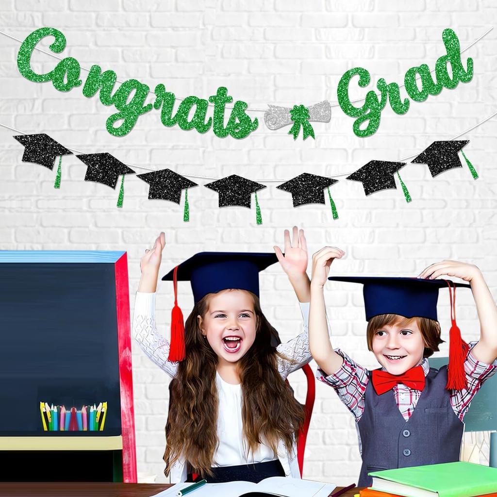 Glitter Green Congrats Grad Decorations Banner Pre-Strung Graduation Decorations Class of 2026 Banner Green and Black Congrats Grad with Tassel Decor