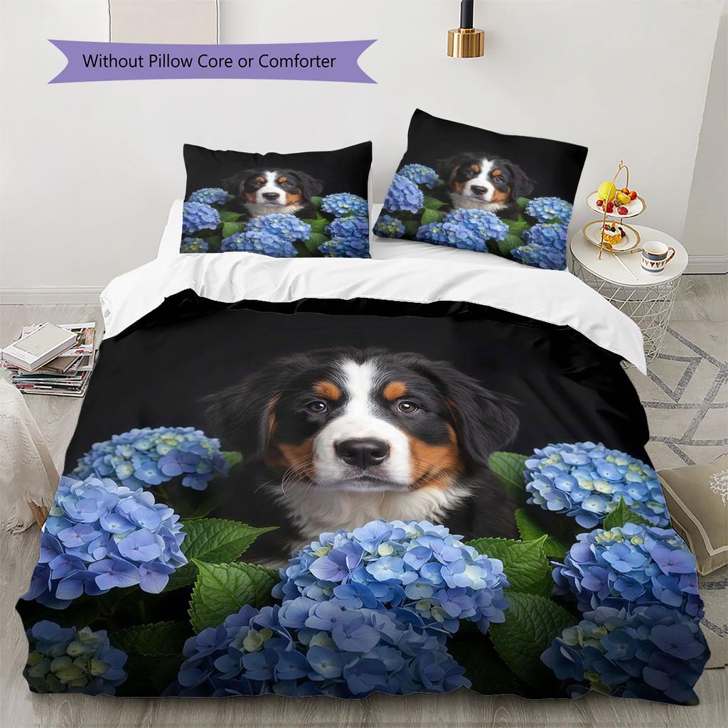 Flowers and dogs Pattern Bedding Quilt Set Quilt Cover Pillowcase Home Decoration Birthday Gift (1 * duvet cover + 2 * pillowcase, without core)