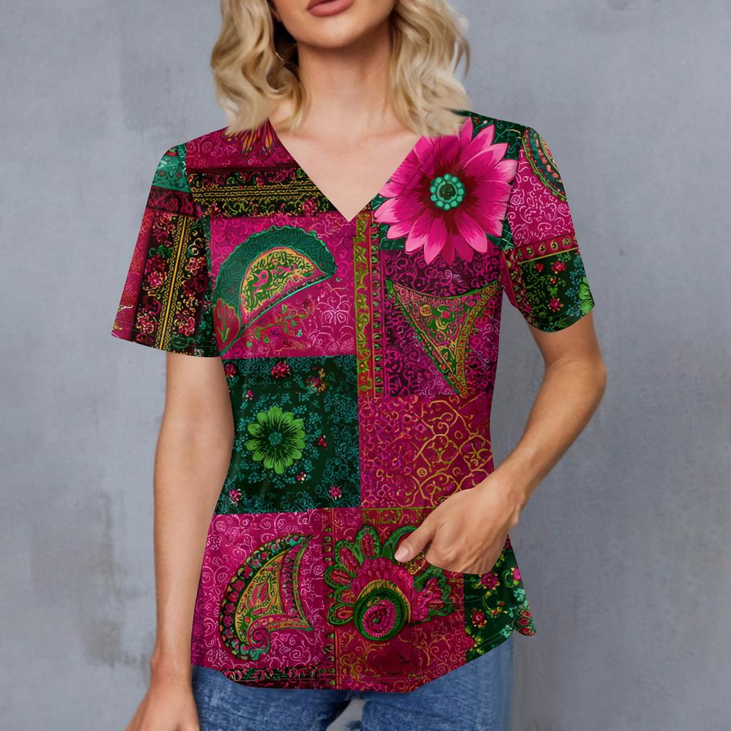 Women's Retro Printed V-Neck Double Pocket Short Sleeves Hem Slit  Uniform Caregiver Top