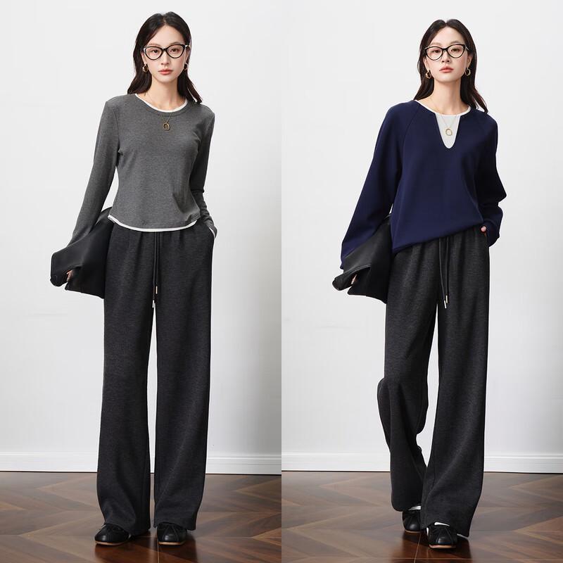 Olrain Women's Elastic Waist Wide-Leg Straight Pants