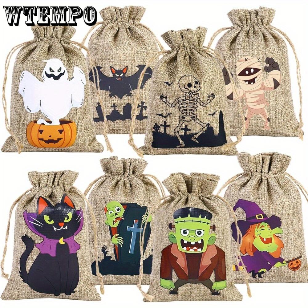 16pcs Halloween Party Drawstring Bags Packs Halloween Linen Burlap Bags with Drawstring 8 Spooky Designs for DIY Party Favors Small Gift Pouches
