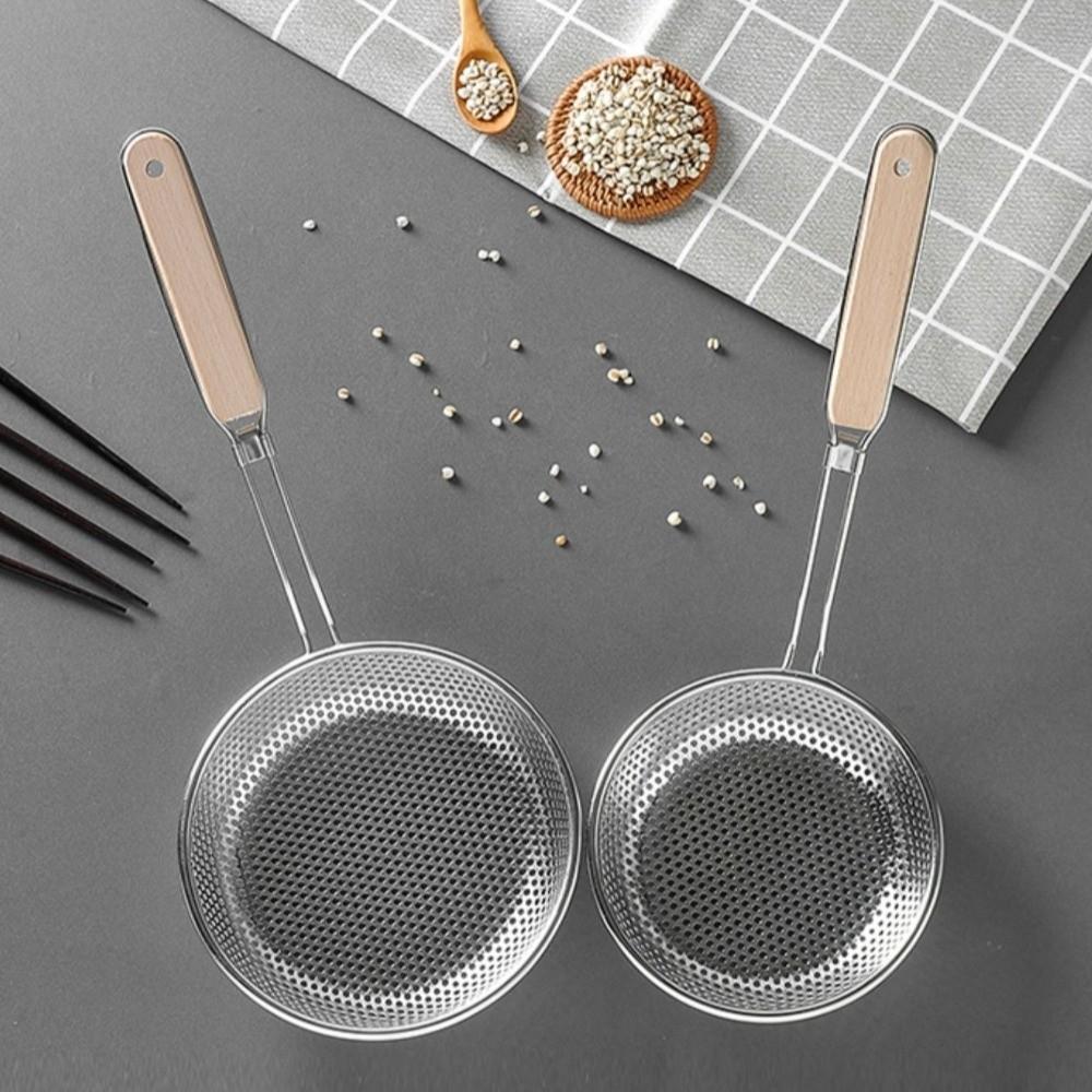 New Thickened Stainless Steel Strainer Fine Mesh Wooden Handle Skimmer Spoon Long Handle Dumpling Strainer Kitchen Tool