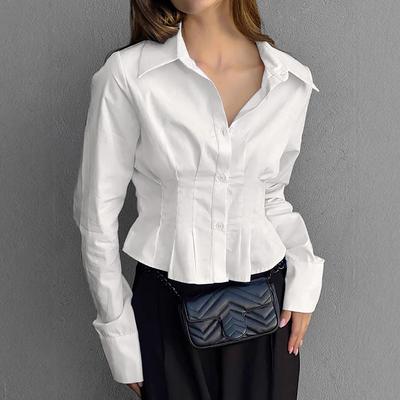 Pleated Slim Waist Top Women's Cotton Shirt Commuter Polo Collar Long Sleeved Solid Color Blouses Single Breasted Short Top Elegant Office Lady Summer