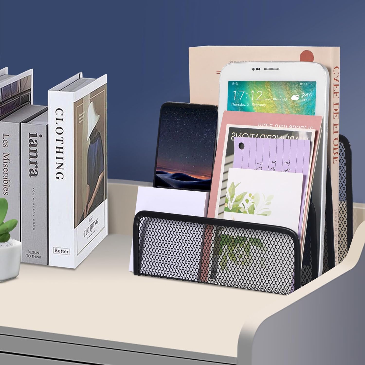 

Upright File Holder and Desk Organizer - Black Desk Mail Organizer - Metal Mesh Letter and Document Sorter with 3 Compartments for Office and Home
