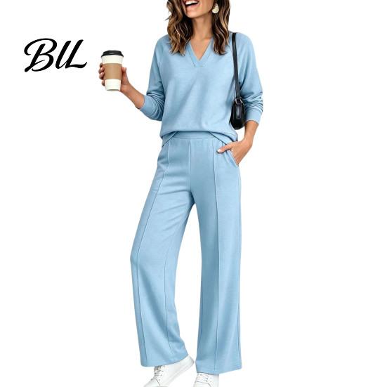 Damen Sportanzüge Sweatshirt Hose 2-teiliges Set, V-Ausschnitt Langarm Oberteil & Weiter Passender Lounge Set Hosen mit Elastischem Bund, Einfarbig