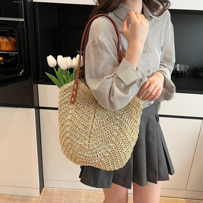 Versatile zipper straw bag women's handwoven bag seaside vacation beach bag large capacity shoulder tote bag