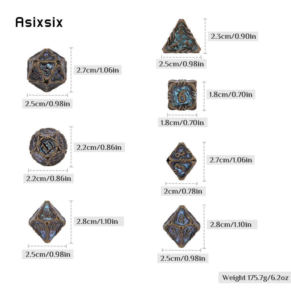7 Pcs Yellow Blue Tree Vine Metal Dice Solid Metal Polyhedral Dice Set Suitable for Role-Playing RPG Board Game Dice RPG