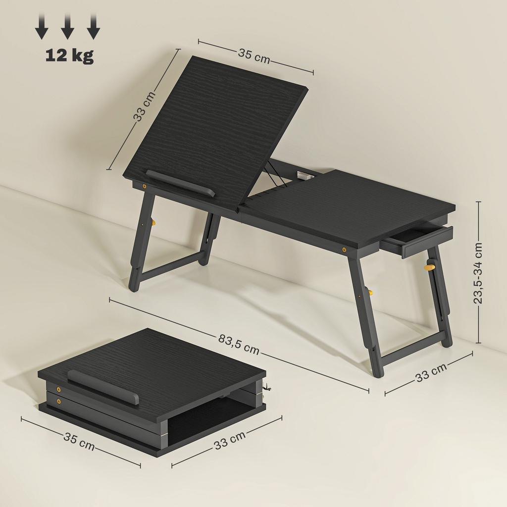 Foldable and adjustable bed table, bamboo laptop bed tray tilting top 83.5x33x34cm black