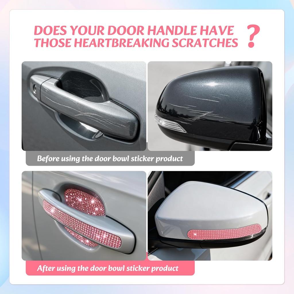 10PCS Bling Car Door Handle Protectors, 4 Door Bowl Stickers + 6 Handle Strips, Crystal Rhinestone Anti-Scratch Car Accessories, Sparkling Auto Decor