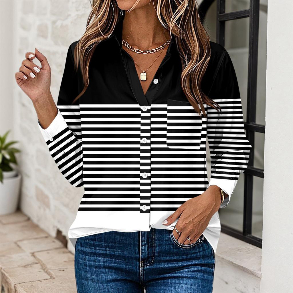 Camicia da Donna Stampata con Bottoni Camicia a Maniche Lunghe Top da Lavoro Business Casual con Tasche Giacca
