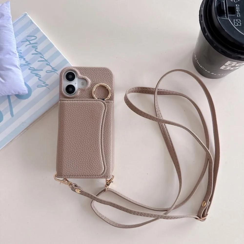 Wallet Card Holder Slot Phone Case for IPhone 16E 16 15 14 Pro 13 12 Mini 11ProMax Ring Crossbody PU Leather Anti-fall Cover