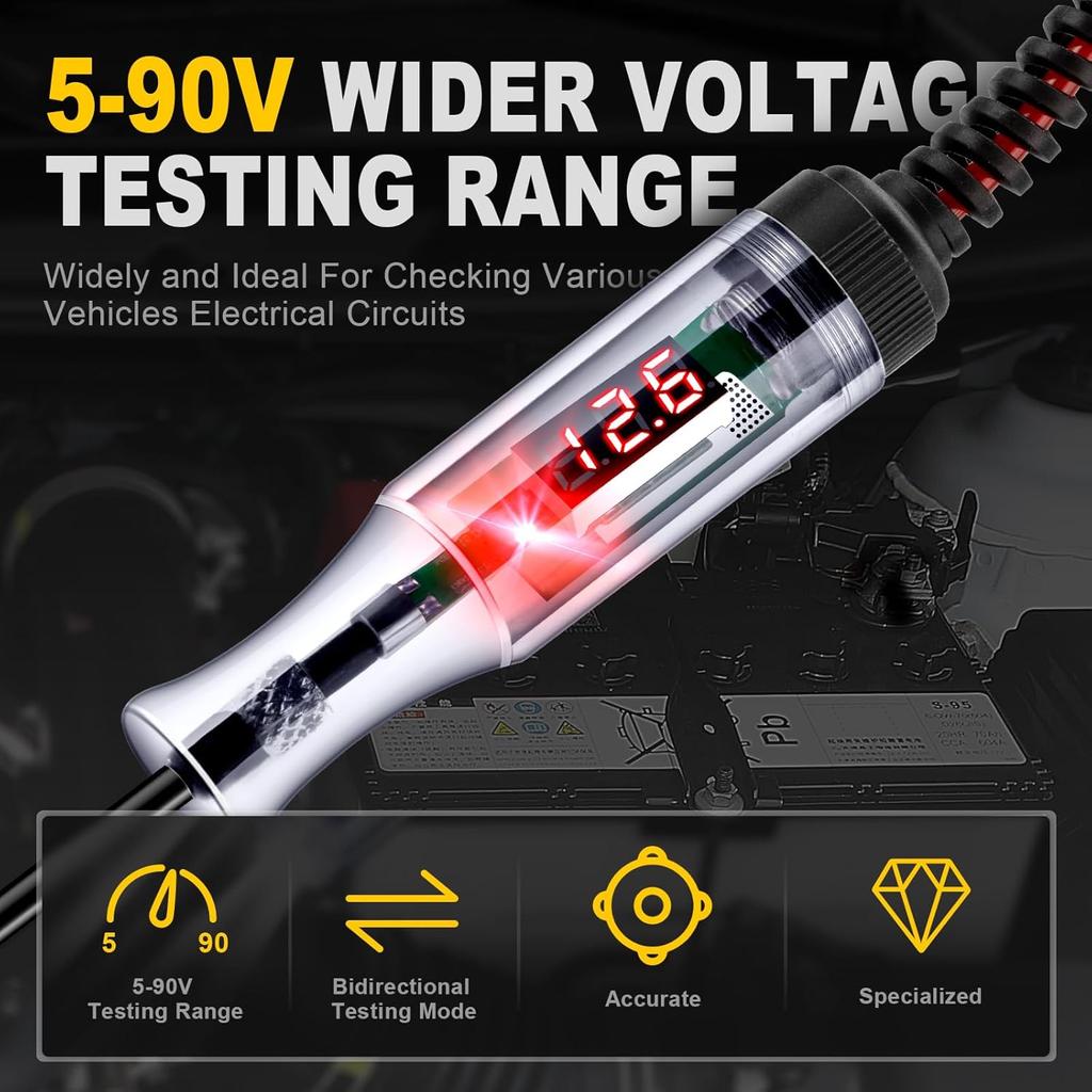 Automotive Test Light 5-90V Digital LED Circuit Tester With Voltage Display, Auto Bidirectional Light Tester, Electrical Voltage Tester With Extended