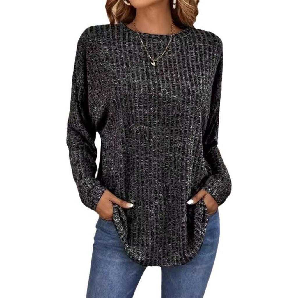 Fall New Ribbed Crew Neck Loose Long Sleeve Knit Top T-shirt for Women European American Style