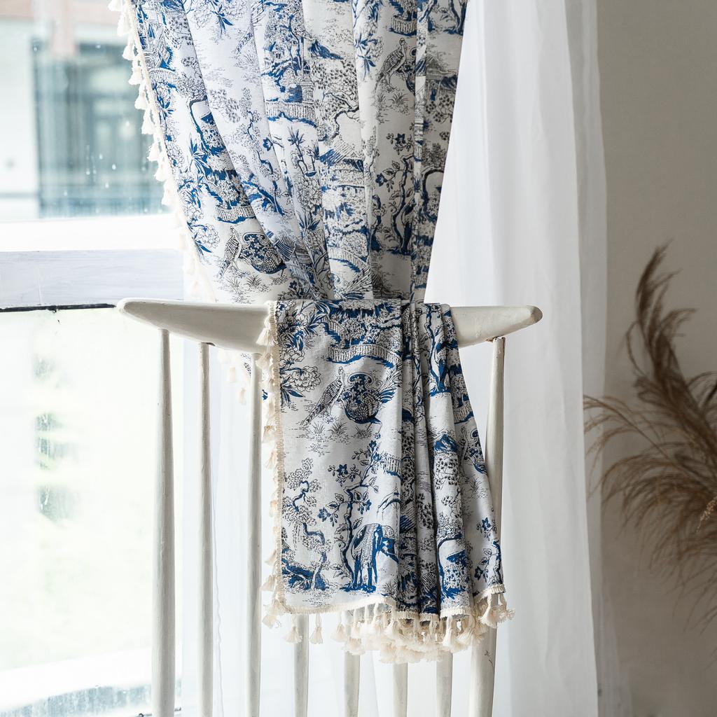 Curtain Finished Half Curtain B & B Tea Room Bedroom Balcony Dining Room Short Curtain Printed Plant Tassel Coffee Curtain