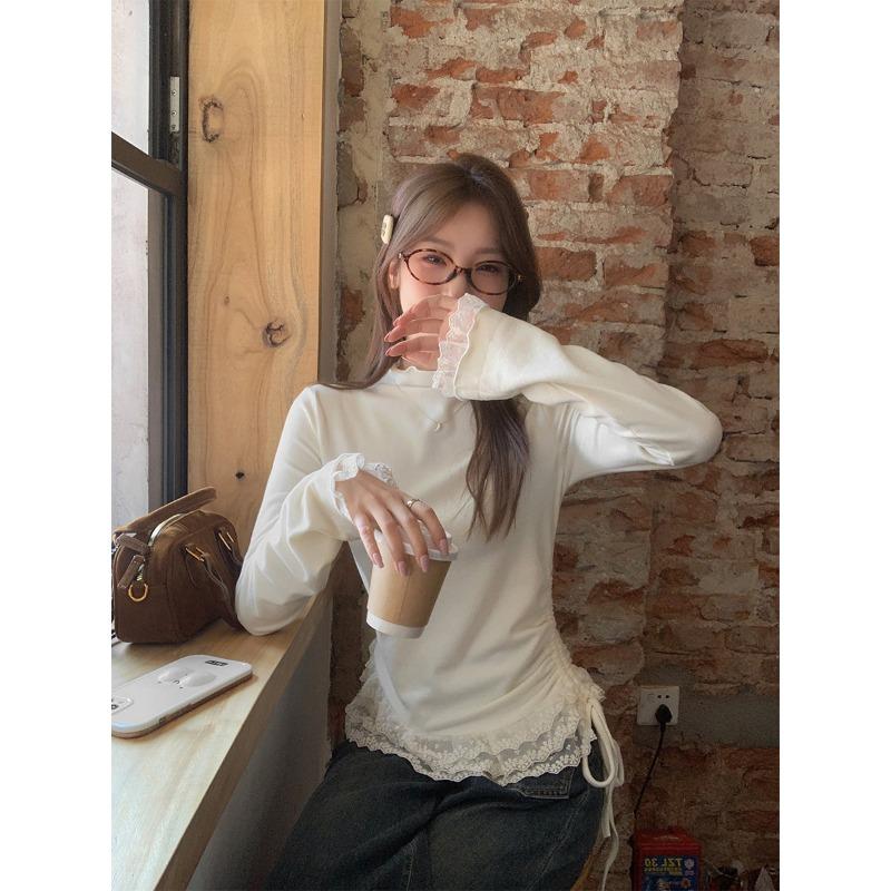 

Женская рубашка с длинными рукавами из бархата с полуворотом, отделкой грибком, на осень и зиму, с кружевной отделкой в стиле пэчворк на талии внутри S