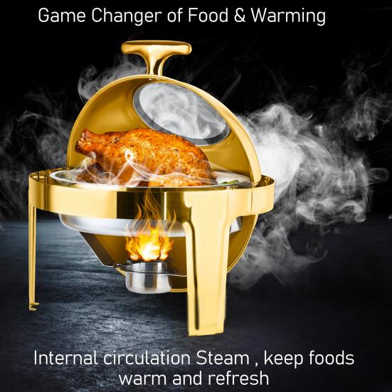 6QT Stainless Steel Chafing Dish for Buffet, Round Food Warmer with Visible Glass Lid