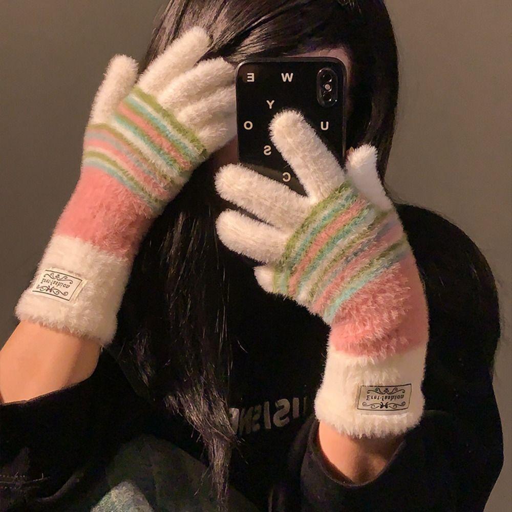 Harajuku Striped Knitted Gloves Rainbow Color Full Fingers Mittens Touchscreen Mittens Winter