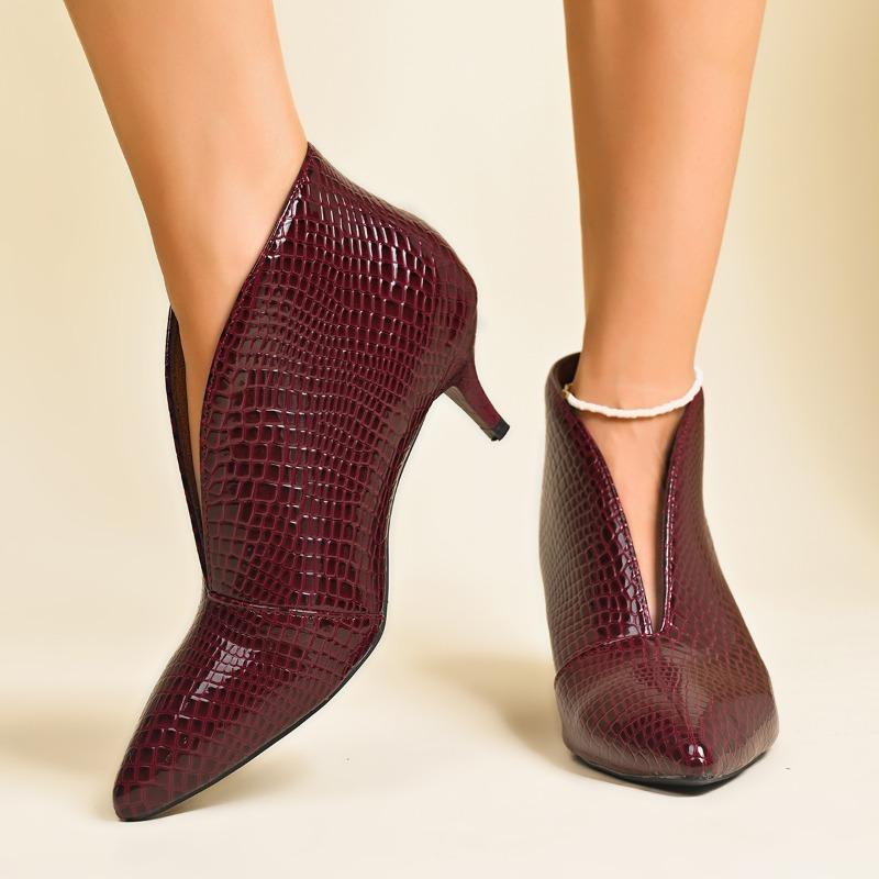 pointed mouth, patent leather short boots, women's thin high heels, new snake skin pattern Martin boots in autumn and winter, thin leather boots