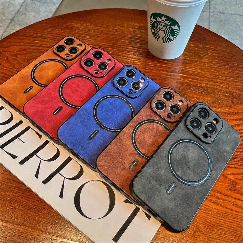 Luxuriöses, mattes Leder-Magnetgehäuse für iPhone 15 14 13 11 12 Pro Max Plus-Hüllen für Magsafe Wireless Charging Cover-Zubehör