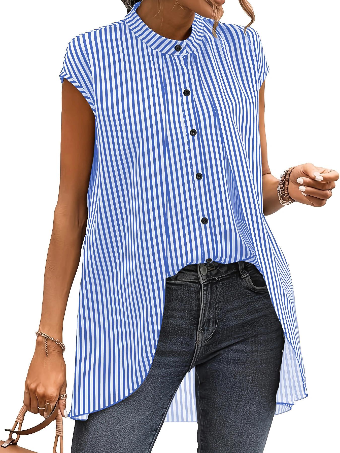 

Женская полосатая повседневная рубашка с коротким рукавом и маленьким воротником-стойкой, имитирующая двойку XXL королевский синий