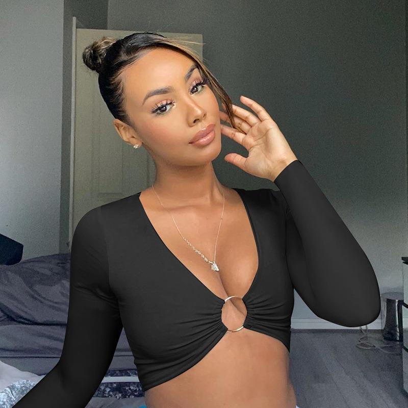 Fashion Sexy V-neck Slim Fit Long Sleeve Crop Tops Spring Fall Casual Women Party Tops Hollow Out  Y2k Backless Tee Square Collar Ribbed T-Shirts