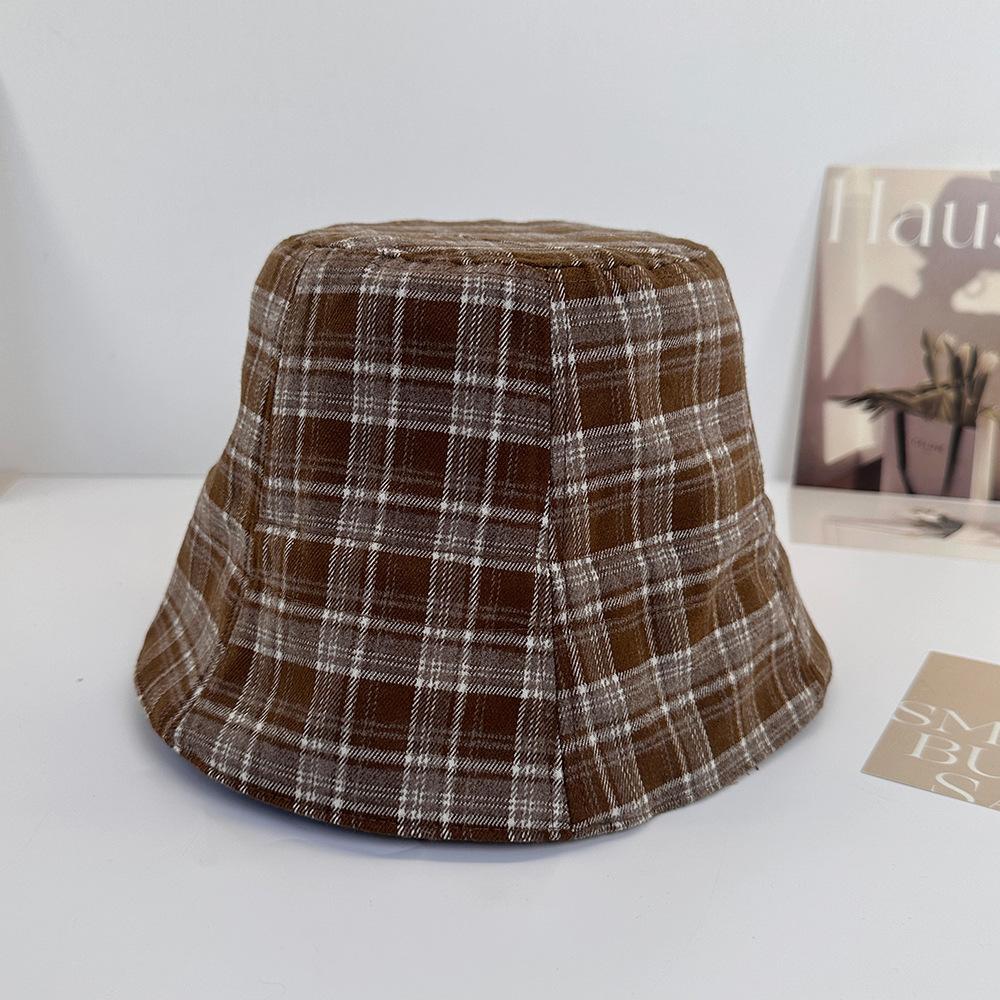 Plaid Double-sided Suede Bucket Hat Women's Autumn and Winter New Basin Hat Versatile Face Small Plain Bucket Hat