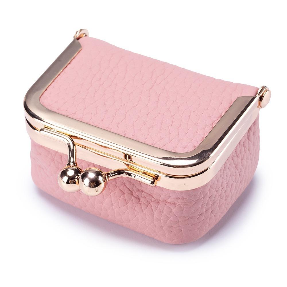 

Casual Solid Color Small Wallets Genuine Leather Kiss Lock Storage Bag Mini Coin Purse рожевий