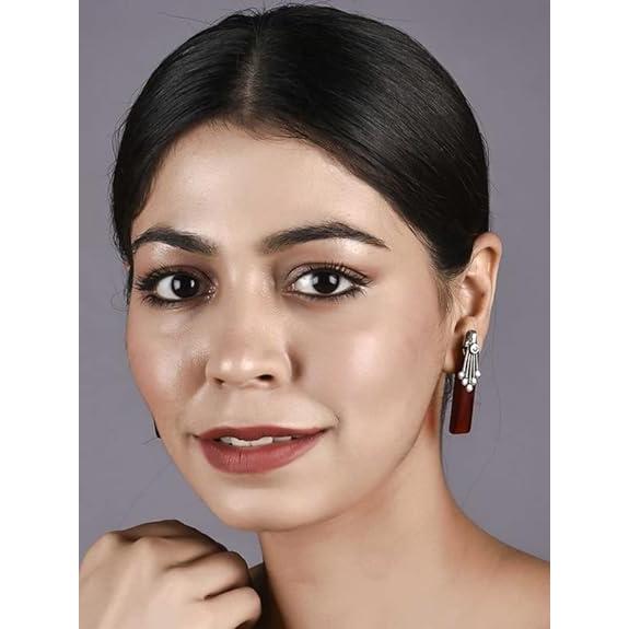 Brass Silver Oxidised Plating Red Embellishments Earrings For Women and Girls Earrings(Pack of 1-Pair)