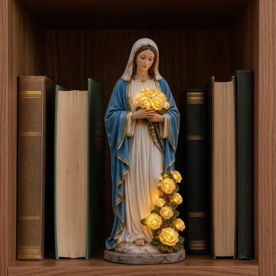 Blessed Mother Garden Light Statue with Flower USB Lamp Ornament Weather-Resistant Glowing Rose Decorative Lamp for Outdoor