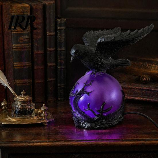 Unique Animal Lamp Gothic Raven LED Ball Lamp, Mysterious Crow On Orb Sculpture, Intricate Resin Sculpture Halloween Decorative Table for Bedside