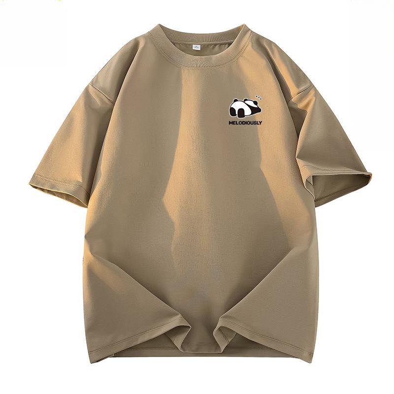 Sommerliches Baumwoll-T-Shirt mit lockerem Schnitt, Panda-Grafikdruck und Fünf-Minuten-Ärmeln