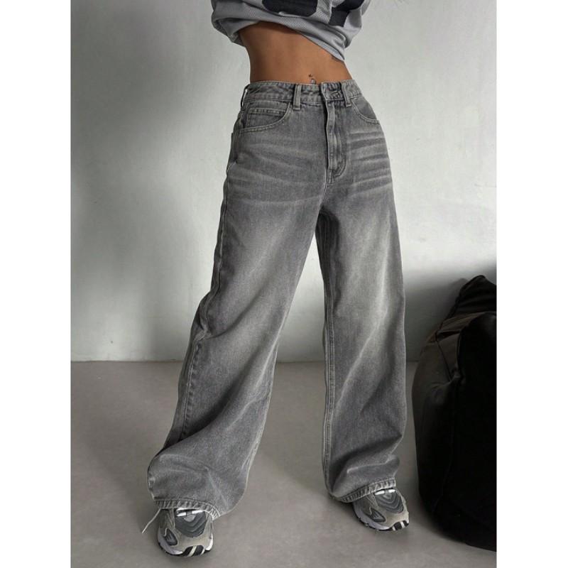 Women's Spring/Fall Drapey Straight-Leg Vintage-Style Jeans Loose-Fit High-Waisted Wide-Leg Casual Long Pants