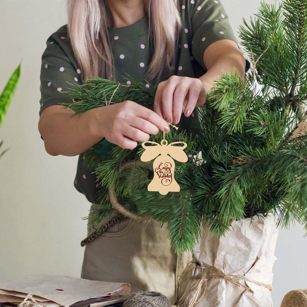 Inkdotpot 40pcs Bell Wooden Ornament with Holes 3.5" Unfinished Predrilled Natural Wood Slices for Crafts Wooden DIY Christmas Ornaments Hanging Ropes