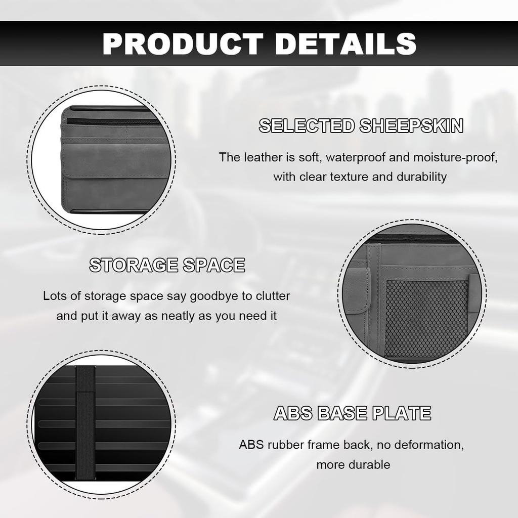Car Sun Visor Organizer, Leather Sun Visor Pocket Organizer Case With Multi-Pocket Net Zipper, Suede Note Holder Car Visor Storage Pouch For Card Pen