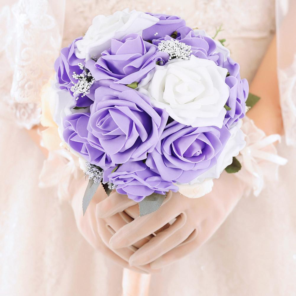 Artificial Bridal Bouquet Flowers for Wedding Decorations Props Accessories (Purple)