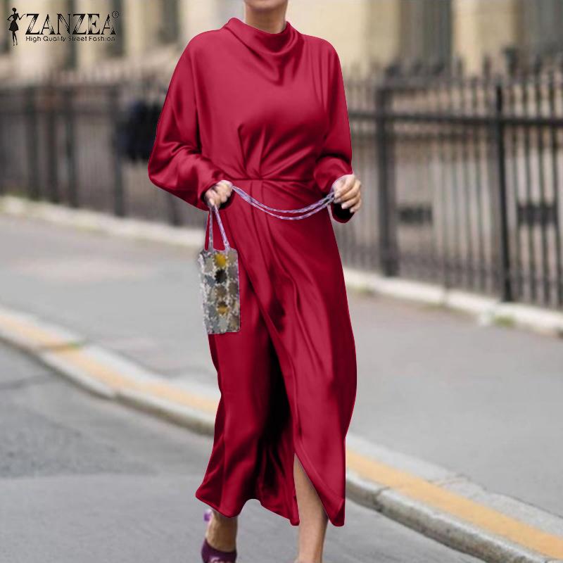 

ZANZEA Женское повседневное атласное платье с длинным рукавом с О-образным вырезом