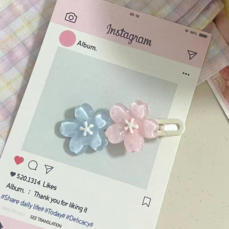 Cherry Blossom Blue & Pink Hair Clip - Sweet Girly Duckbill Barrette Hair Accessory