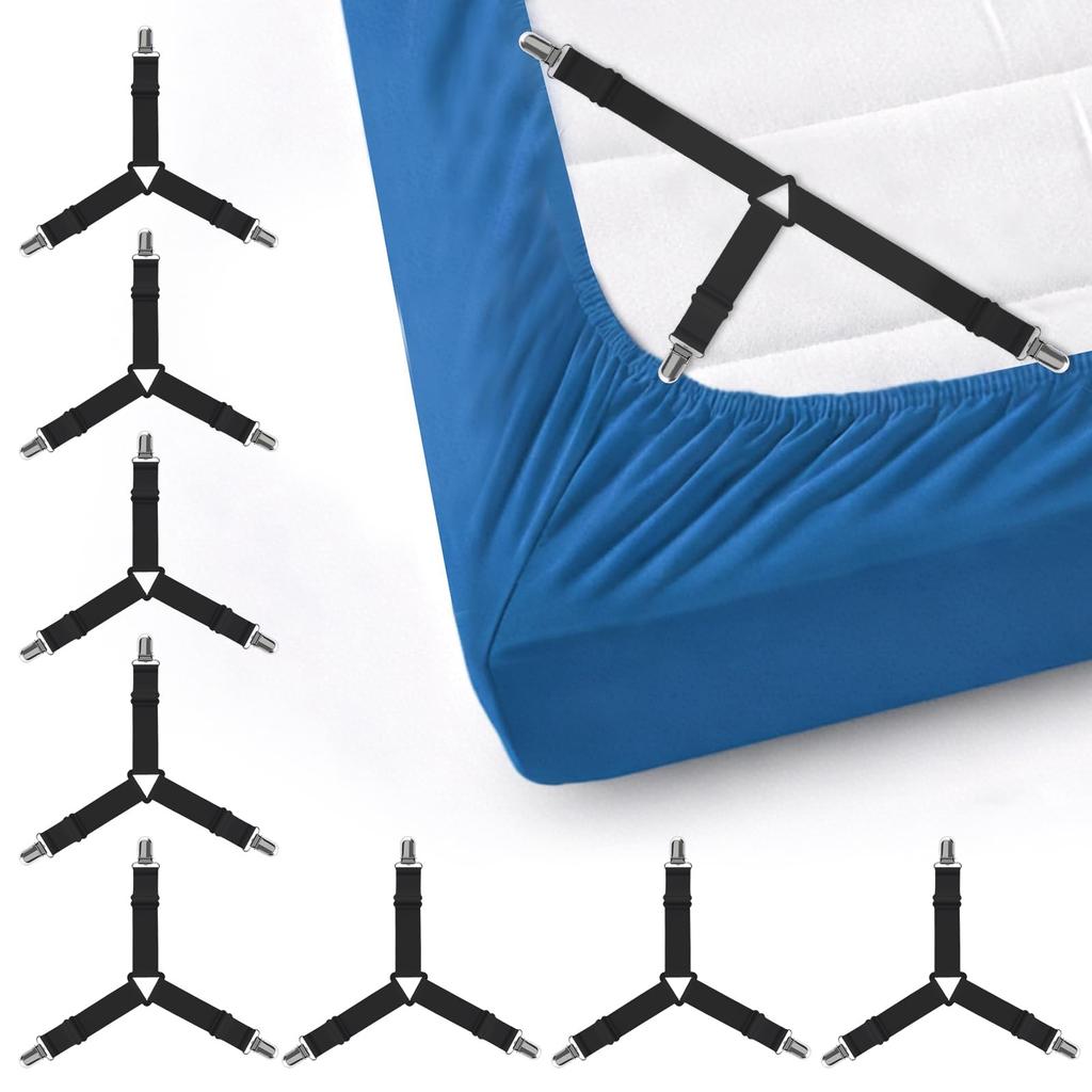 Adjustable Bed Sheet Straps with Durable Metal Clips 4 Pack for Sheets Sofa Covers Curtains and Tablecloths, Black