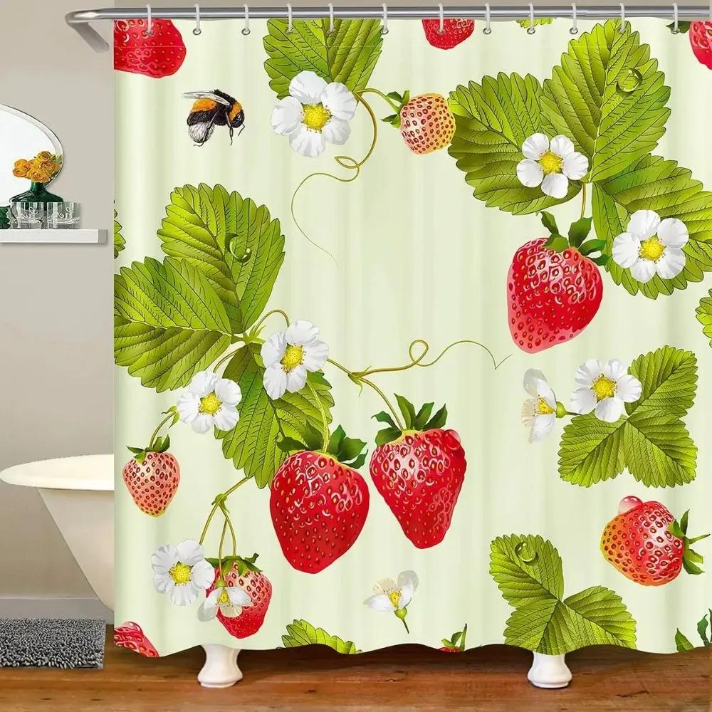 Rosa Erdbeere Duschvorhang für Badezimmer Aquarell Erdbeeren Frühling Sommer Früchte Dekor Stoff Badvorhänge mit Haken