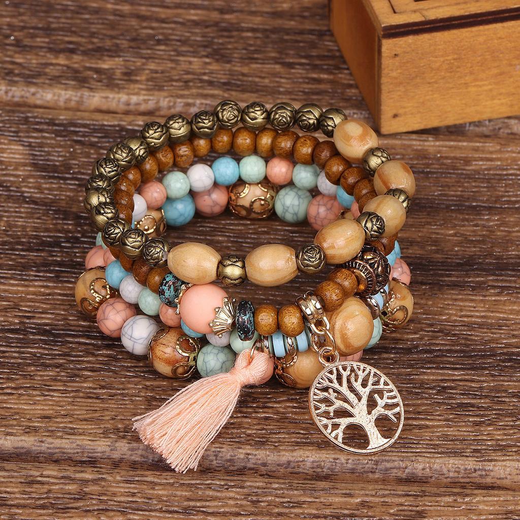 Bohemian Multi-Layer Wooden Bead Beaded Bracelet Elastic Bracelet Jewelry Fringe