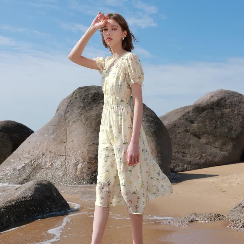 Sancai Lyocell Floral Puff Sleeve A-Line Dress