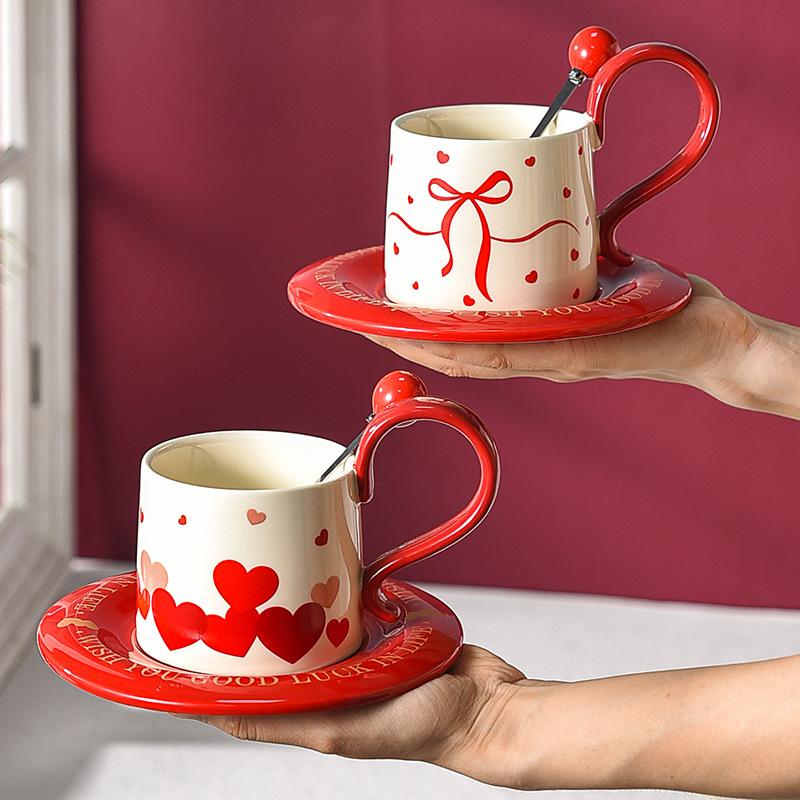 Red Coffee Cup High End and Luxurious High Quality Afternoon Tea Cup Saucer Set with Spoon Souvenir Wedding Gifts