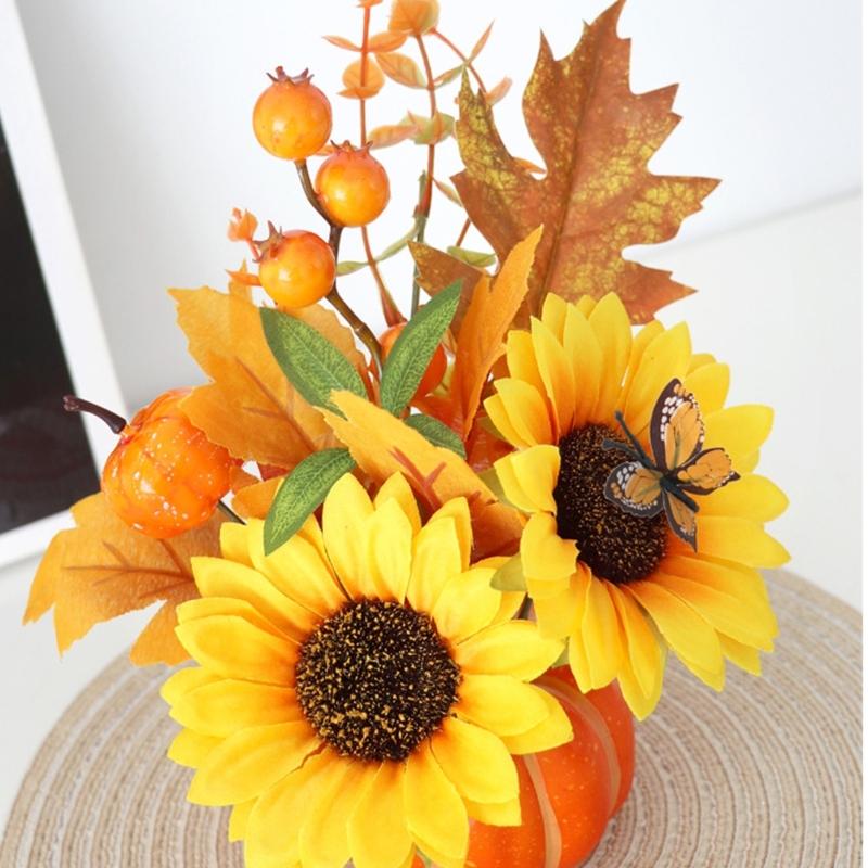 Seasonal Room Piece Faux Gourd Base with Harvest Leaf Branch for Meal Table, Shelf, Entry Place, and Home Display