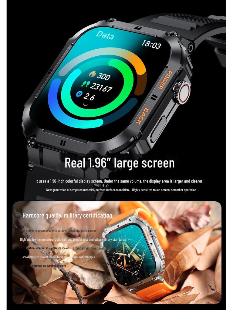 K57PRO Bluetooth Smartwatch: 1.96" Display, Heart Rate, Blood Pressure & Oxygen Monitoring, Music, Weather, and Call Capabilities.