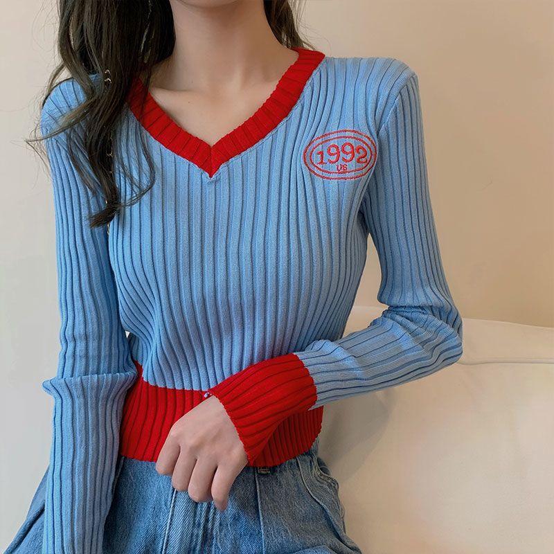 Women's V-neck Sweater Spring Autumn Long-sleeved Knitted Cropped Top Sweater Color-block Pullover Jumper