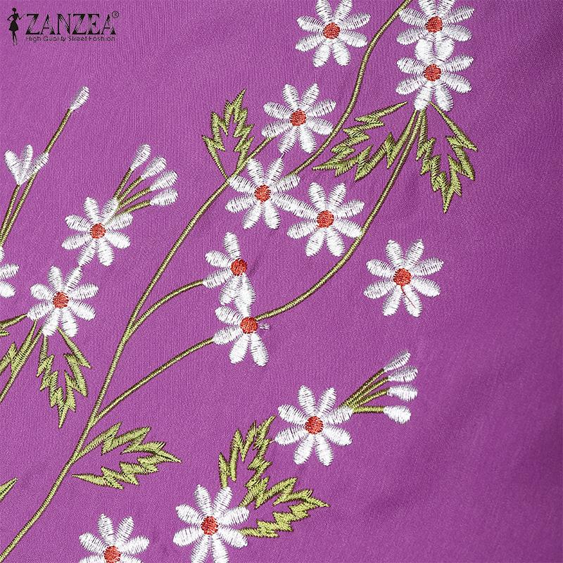 ZANZEA Women Casual V-Neck 3/4 Sleeve Loose Floral Embroidery Dress