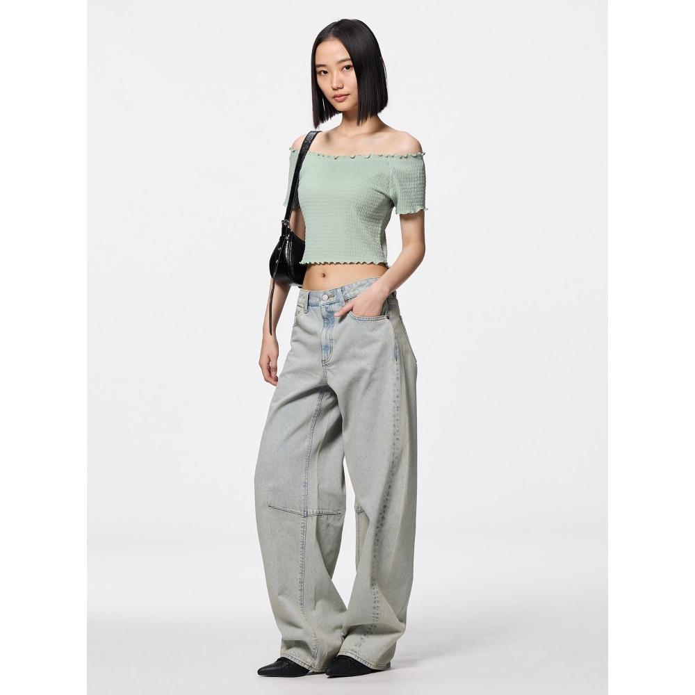 GU by Uniqlo BH Feel Cropped Raffung Off-Shoulder T-Shirt