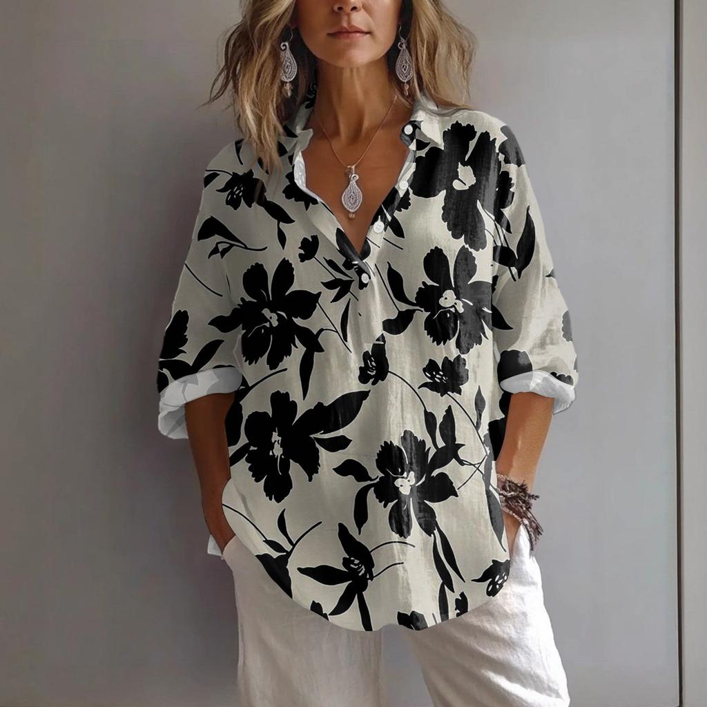 Women's Casual Spring And Summer Loose Printed Casual Sleeved Lapel Pullover Shirt