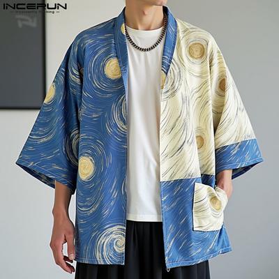 Men Lapel Neck 3/4 Sleeve Stitching Floral Print Casual Loose Shirts